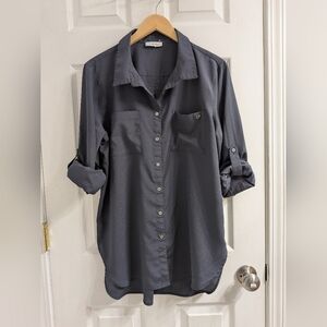 Women's Calvin Klein Blouse Button Up Flowy Silky Feel Gray Size Medium Tunic